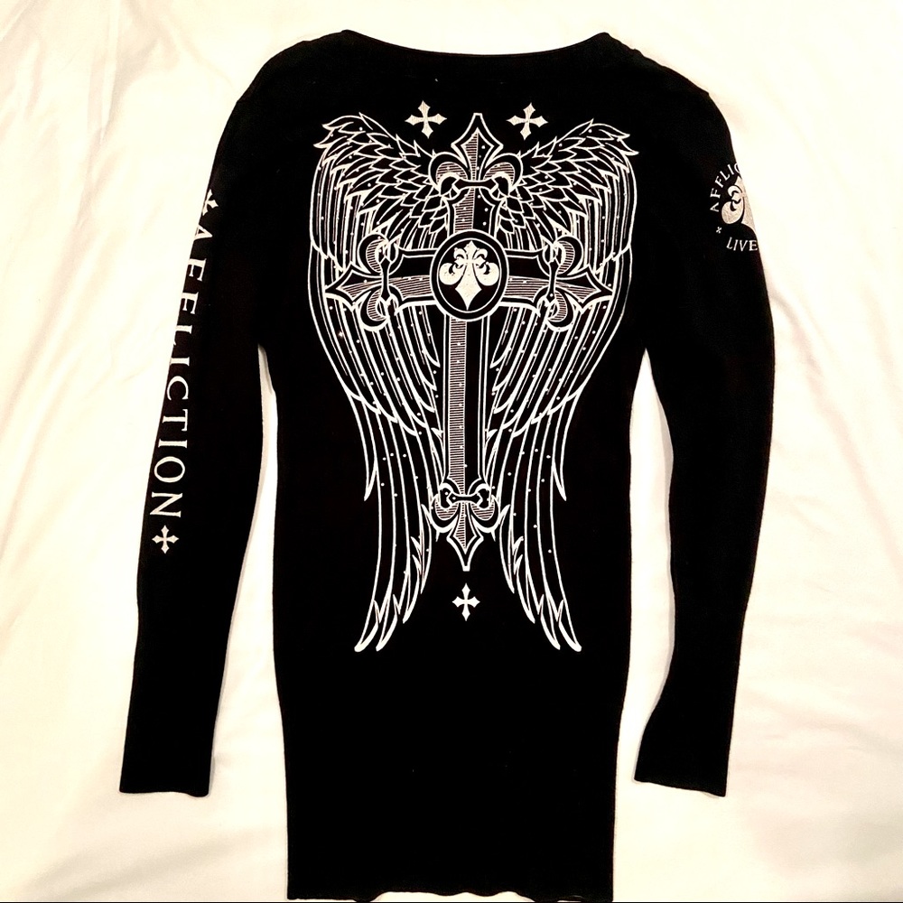 Affliction Black V-Neck Sweater with White Winged Cross Graphic